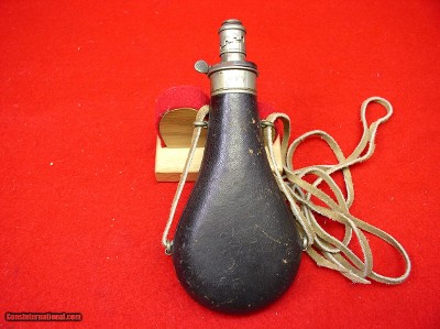 ENGISH BRASS OR COPPER LEATHER COVERED POWDER HORN