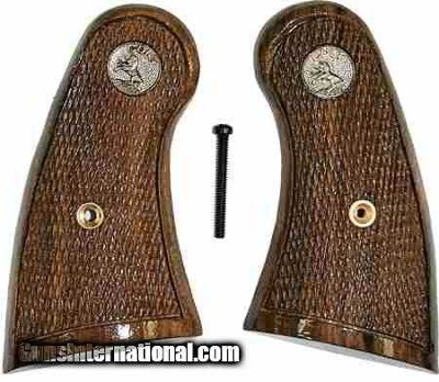 Colt DA Revolver Grips, Walnut Checkered with Silver Colt Medallions