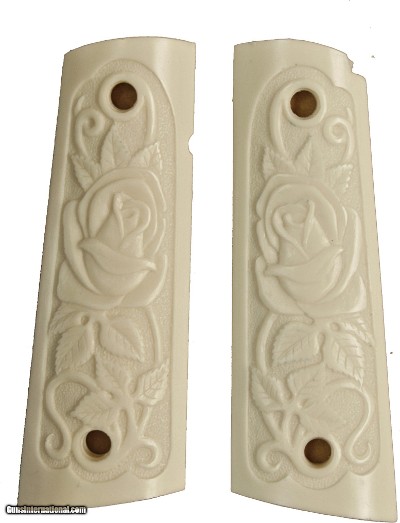 Colt 1911 Ivory-Like Grips, Relief Carved Rose With Vine