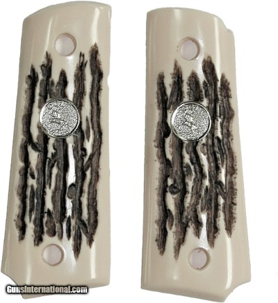 Colt 1911 Officers Model Imitation Jigged Bone Grips With Medallions