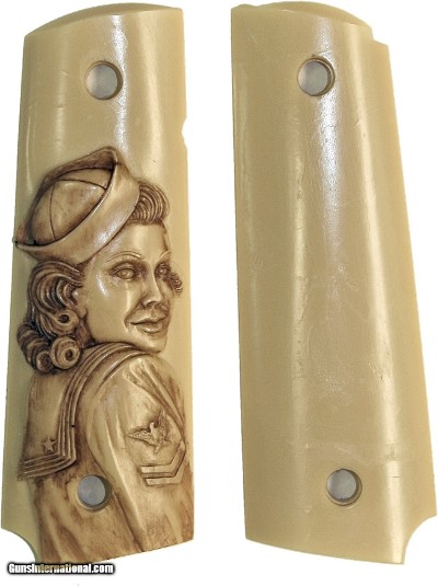 Colt 1911 Ivory-Like Grips With Antiqued Relief Carved Navy Girl