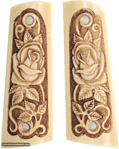 Colt 1911 Ivory-Like Grips, Antiqued Relief Carved Rose With Vine