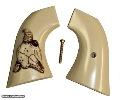 Uberti Old Model P 1873 Ivory-Like Grips, Antiqued Relief Carved Bison Skull