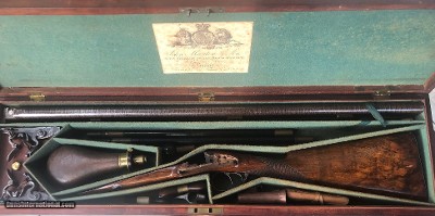 John Manton and Son, London. An absolutely stunning 14-bore, cased double barreled, Flintlock Sporting Gun, #10571, made in 1830.