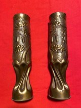2 WWI 75mm Trench Art Vases French Cannon Shell Oak Leaf & Heart Motif - 3 of 5