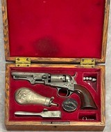 CASED FRENCH FITTED 1849 POCKET COLT with LONDON ADDRESS IRON BACK STRAP and TRIGGER GUARD #10215 METAL POWDER FLASK - 14 of 14