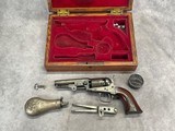 CASED FRENCH FITTED 1849 POCKET COLT with LONDON ADDRESS IRON BACK STRAP and TRIGGER GUARD #10215 METAL POWDER FLASK - 2 of 14