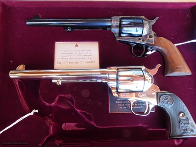 Colt Collectors Rare
SAA Matched Pair In Factory Presentation Walnut Display With Letterl
1974 Serialized alike 1873 TO 1973 CENTENNIAL