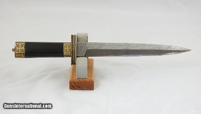 Old Damascus Blade Dagger With Engraved Gold And Black Enamel Fittings