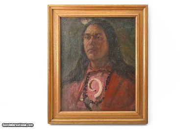 INDIAN BRAVE “MASMEGO” OIL ON CANVAS by DEBEREINER