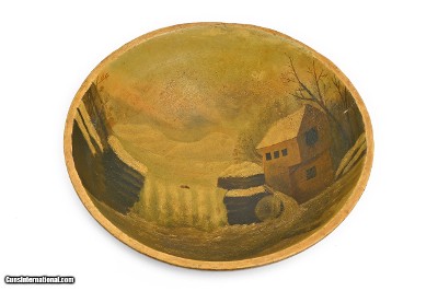 ANTIQUE PAINTED BURL WOOD BOWL