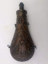 Large Antique Powder Flask Depicting 3 Dogs and A Man Hunting Bear In Hollow Tree - 2 of 7
