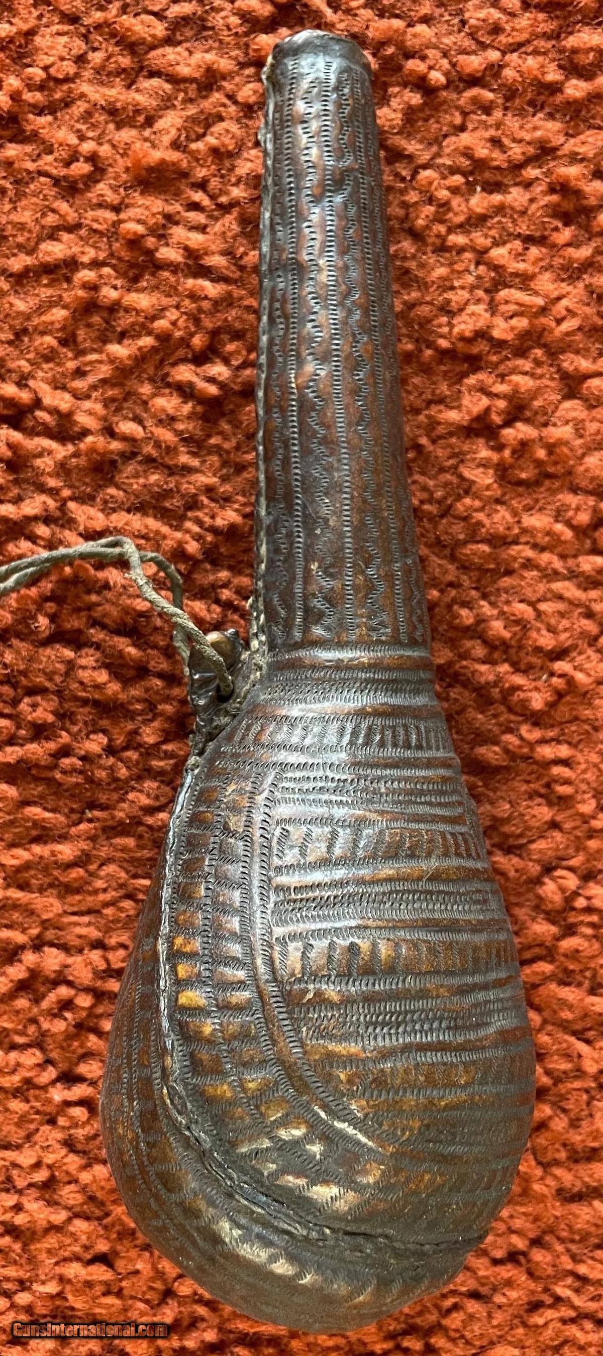 Antique Middle Eastern Tooled Leather Powder Flask Made From A