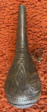 Antique Middle Eastern
Tooled
Leather Powder Flask Made From A Camel Scrotum