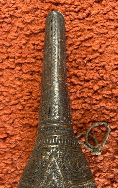 Antique Middle Eastern
Tooled
Leather Powder Flask Made From A Camel Scrotum