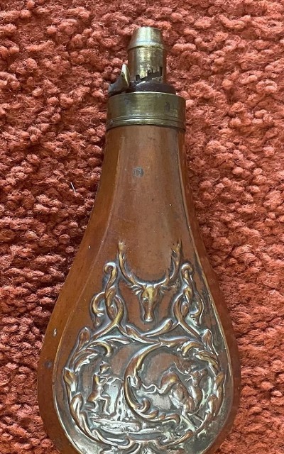 Antique Deer Hunter Motif Powder Flask