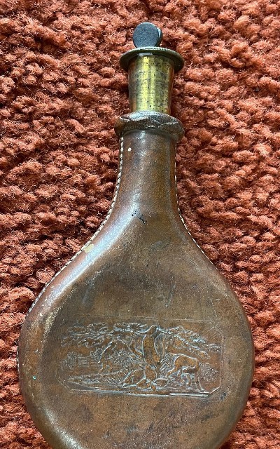 Antique Embossed Leather Shot Flask With Measure In Lid
