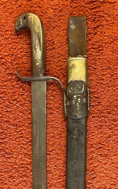 Antique Short Sword And Leather Scabbard