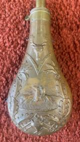 Large Antique Powder Flask Showing Indian hunting Buffalo