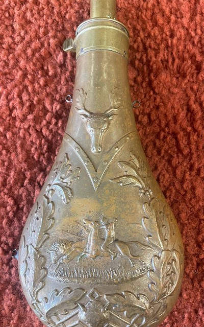 Large Antique Powder Flask Showing Indian hunting Buffalo