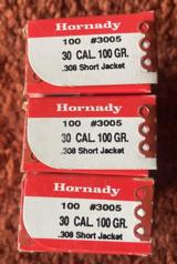 3 boxes Hornady 30 cal. 100 grain short jacket bullets total count 300 - 2 of 2