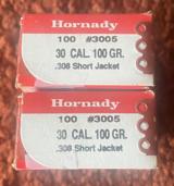 2 boxes of Hornady 30 caliber 100 grain short jacket bullets total count 200 - 2 of 2
