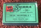 1 box of Sierra .30 caliber 180 grain Spitzer bullets 100 count
