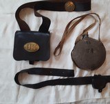 Civil War cartridge box and sling, belt with buckle and cap box, and canteen