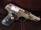 Colt 1903,Hammerless,32 auto,custom refinished satin nickel & high gloss blue,master scroll engraved,custom grips,made in 1916 ! one of a kind !! - 3 of 12