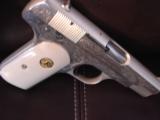 Colt 1903 Hammerless,scroll engraved, refinished in bright & satin nickel,bonded ivory grips,& originals,1917,32 cal,awesome 97 year old pistol !! - 9 of 12