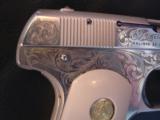 Colt 1903 Hammerless,scroll engraved, refinished in bright & satin nickel,bonded ivory grips,& originals,1917,32 cal,awesome 97 year old pistol !! - 3 of 12