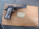 Colt 1911,Series 70,1 of 250,Custom shop Panama Canal Comm.,engraved,with 10 gold accents,real pewter grips,fitted oak case,unfired,1979,45acp - 7 of 12