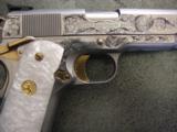 Colt Series 80 1911,Master hand scroll engraved,polished stainless slide,24K gold accents,Pearlite grips,a 1 of a kind work of art !! awesome-period ! - 3 of 12