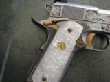 Colt Series 80 1911,Master hand scroll engraved,polished stainless slide,24K gold accents,Pearlite grips,a 1 of a kind work of art !! awesome-period ! - 2 of 12