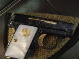 Colt 1908 Vest Pocket 25 caliber,made in 1918,fully refinished in blue with gold accents,Pearlite grips,fully Flannery engraved-awesome showpiece !! - 10 of 12