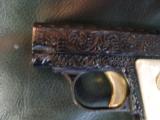 Colt 1908 Vest Pocket 25 caliber,made in 1918,fully refinished in blue with gold accents,Pearlite grips,fully Flannery engraved-awesome showpiece !! - 6 of 12
