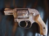 Smith & Wesson Model 49-no dash,fully deep engraved,satin nickel,Stag grips,38special,1 3/4",shrouded hammer-a work of art !! - 5 of 12