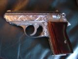 Walther PPK/Interarms 380,fully engraved by Flannery,polished stainless,custom wood grips,1989,with box,manual & test target,a real work of art !!! - 6 of 15