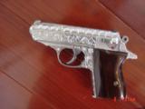 Walther PPK 380,fully 100% engraved by Flannery Engraving,polished stainless,wood & original grips,NEW ! work of art ! - 14 of 15