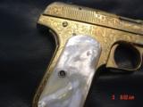 Colt 1903 Flannery Cattlebrand engraved,24K plated,real MOP grips,32 cal,made in 1906,hammerless,grip safety,109 year old work or art,awesome - 10 of 15