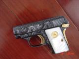 Colt 1908,25 cal,Vest Pocket,fully engraved by Flannery,refinished blue & gold,Pearlite grips,made 1908,a work of art !! - 2 of 15