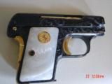 Colt 1908,25 cal,Vest Pocket,fully engraved by Flannery,refinished blue & gold,Pearlite grips,made 1908,a work of art !! - 3 of 15