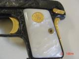 Colt 1908,25 cal,Vest Pocket,fully engraved by Flannery,refinished blue & gold,Pearlite grips,made 1908,a work of art !! - 9 of 15