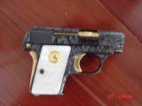 Colt 1908,25 cal,Vest Pocket,fully engraved by Flannery,refinished blue & gold,Pearlite grips,made 1908,a work of art !! - 1 of 15