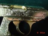 Walther PPK/S, factory engraved,24K gold plated,#94 off 500,380 auto,2 gold mags,certificate,unfired in real leather fitted case-awesome showpiece !! - 7 of 15