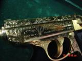 Walther PPK/S, factory engraved,24K gold plated,#94 off 500,380 auto,2 gold mags,certificate,unfired in real leather fitted case-awesome showpiece !! - 3 of 15