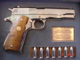 Colt 1911,Worls War II European Theater Operations,bright nickel,engraved,Maple grips,in fitted oak & glass case,7 nickel bullets,looks unfired ! awes - 1 of 15