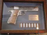 Colt 1911,Worls War II European Theater Operations,bright nickel,engraved,Maple grips,in fitted oak & glass case,7 nickel bullets,looks unfired ! awes - 2 of 15