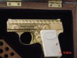 Browning Baby 25cal,Belgium,100%+ master engraved by Flannery,24K plated,white Browning grips,1965,in custom Oak case,a work of art !! - 1 of 15