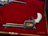 American Western Arms,Custom Engraved matched set,24k accents,birdhead frame,ivory grips,fitted wood case-45lc,5 1/2